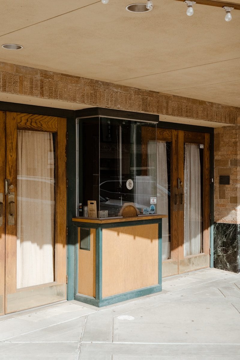 a store front with a small counter in front of it